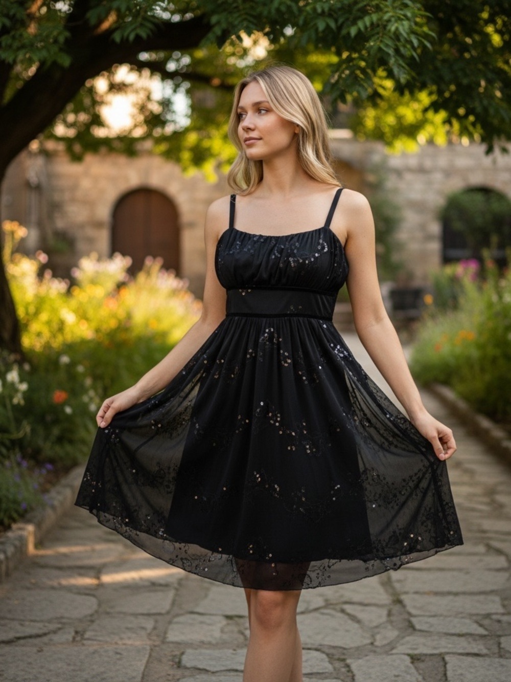 Y2K Sequin Beaded Babydoll Mini Dress S Sheer Black Mesh Whimsigoth Fairy Grunge